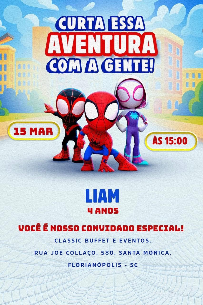 Convite de aniversário do Liam - 4 anos, tema Spidey